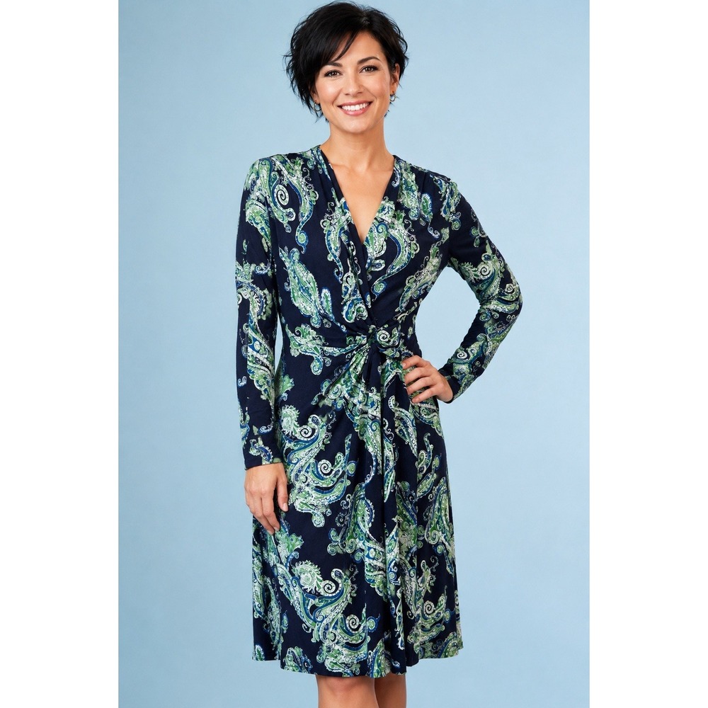 Pendleton Womans Faux Wrap Paisley Dress M Navy Blue Green Long Sleeve Knit